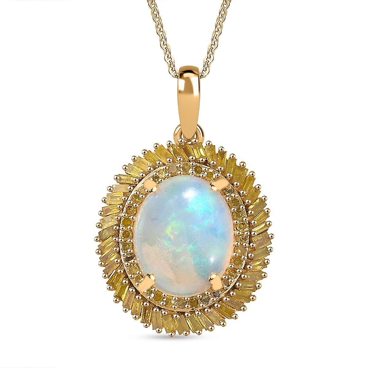 Epic Deal Premium Ethiopian Welo Opal, Yellow Diamond (IR) Pendant Necklace (20 Inches) in 18K Vermeil YG Over Sterling Silver 2.75 ctw