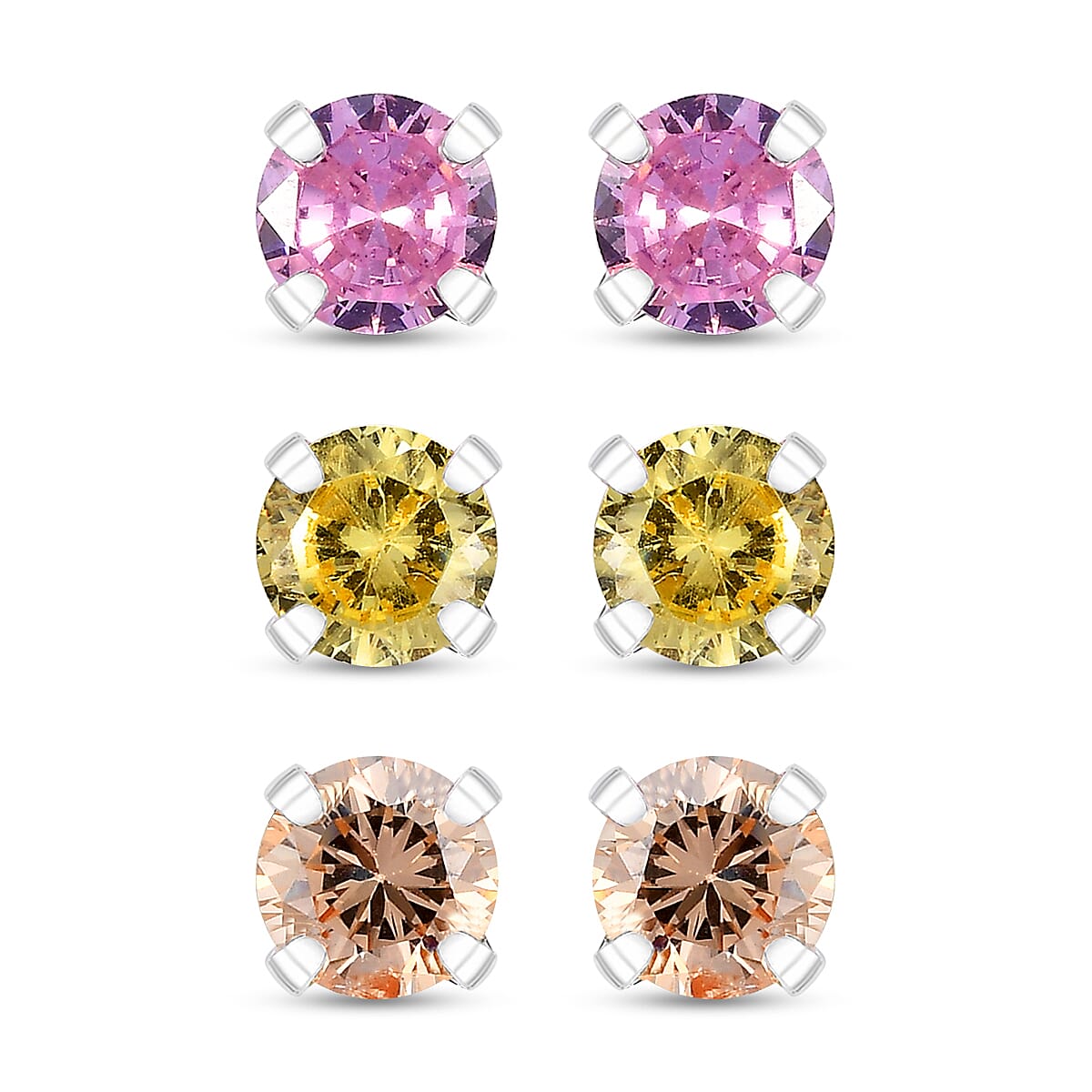 Set of 3 Simulated Pink, Yellow and Champagne Color Diamond 4.85 ctw Stud Earrings in Sterling Silver