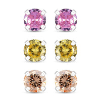 Set of 3 Simulated Pink, Yellow and Champagne Color Diamond 4.85 ctw Stud Earrings in Sterling Silver
