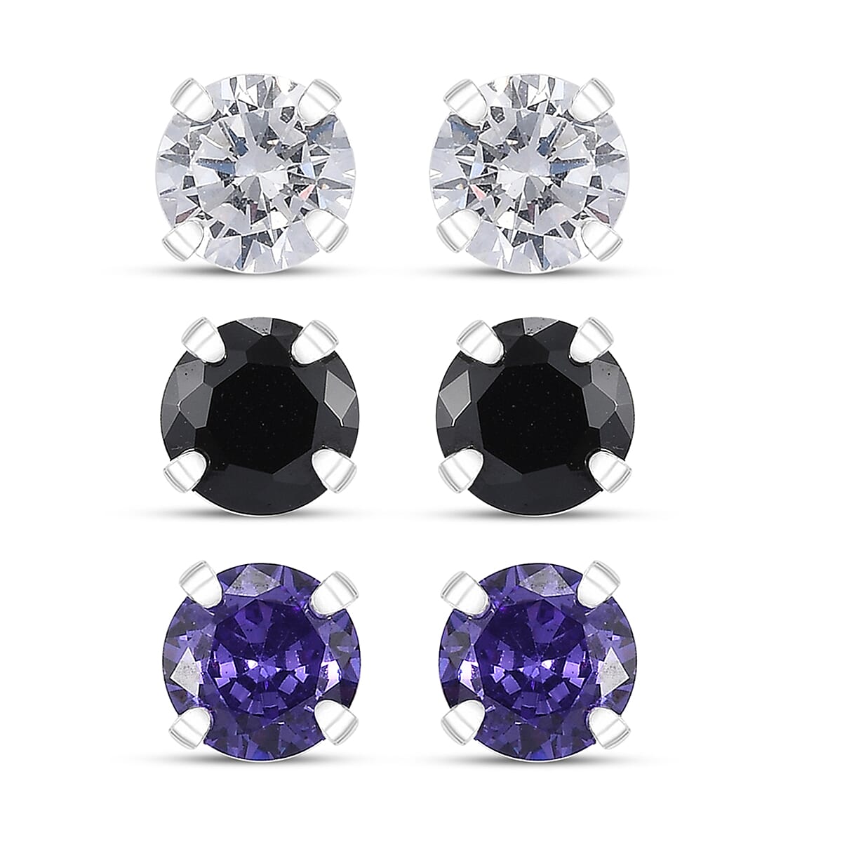 Set of 3 Simulated Black, White and Tanzanite Color Diamond 4.70 ctw Set of 3 Earrings in Sterling Silver