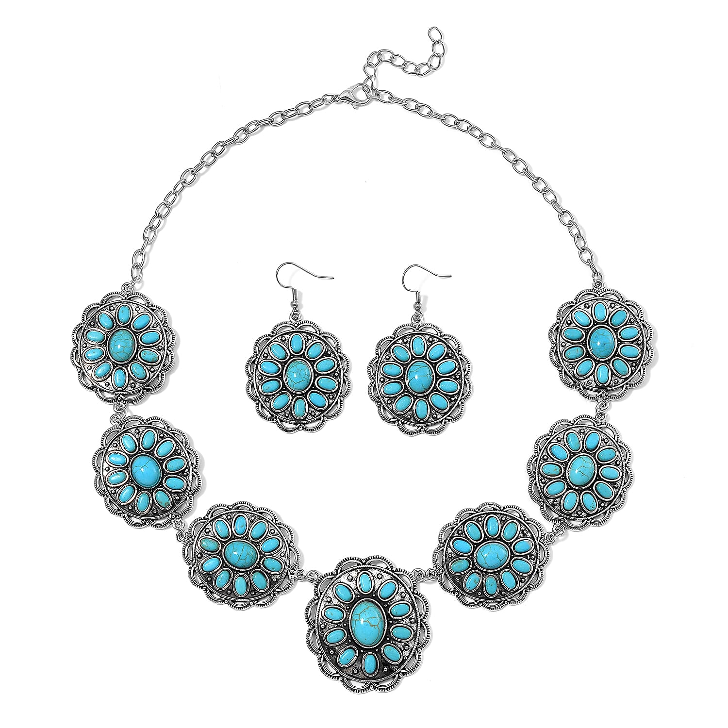 TLV Constitute Blue Howlite Necklace (20-22 Inches) in Black Oxidized Silvertone and Earrings in Stainless Steel 225.00 ctw