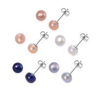 Set of 5, Multi Color Freshwater Pearl Stud Earrings in Stainless Steel