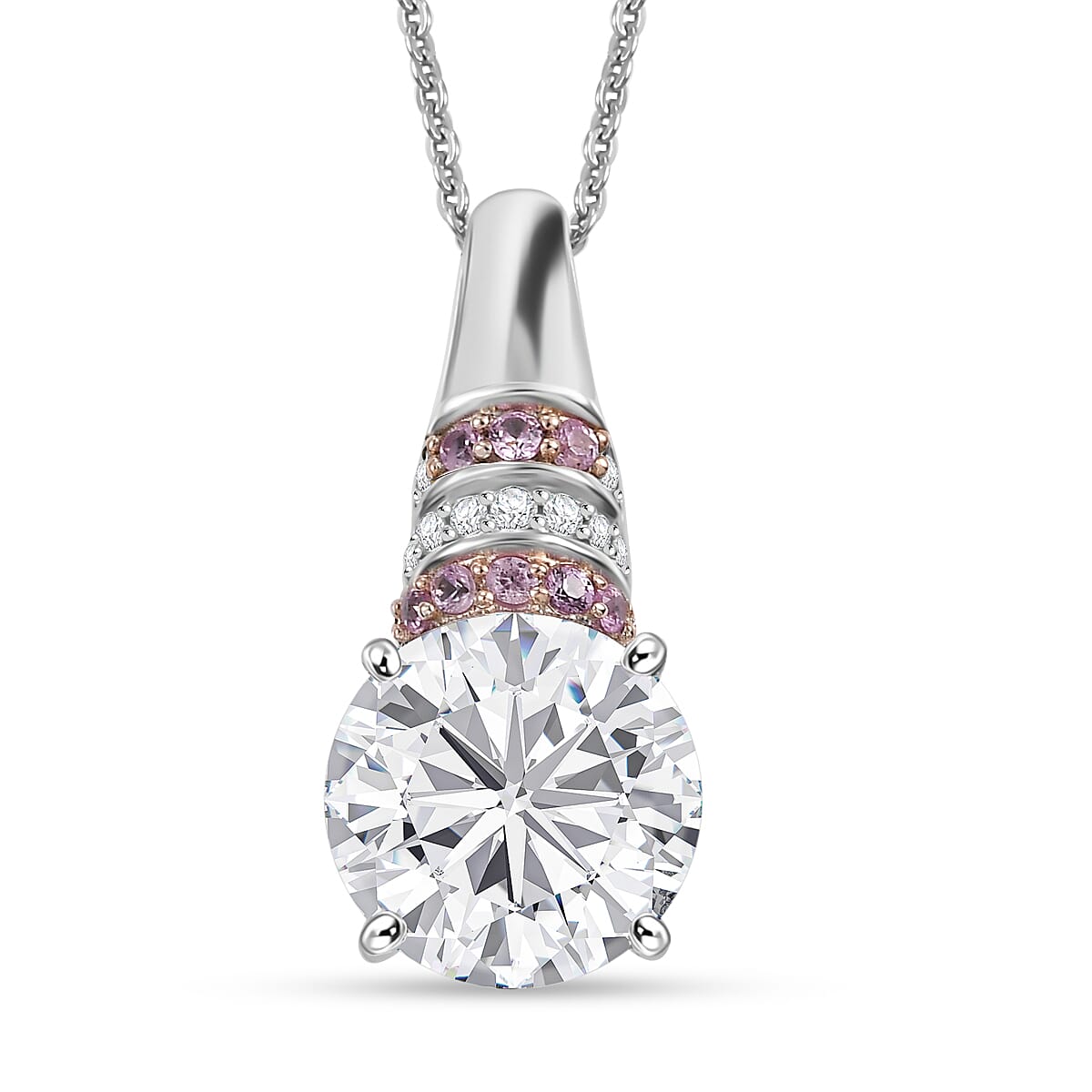 TLV Moissanite (Rnd 10mm), Pink Sapphire Pendant Necklace (20 Inches) in Rhodium Over Sterling Silver 3.80 ctw