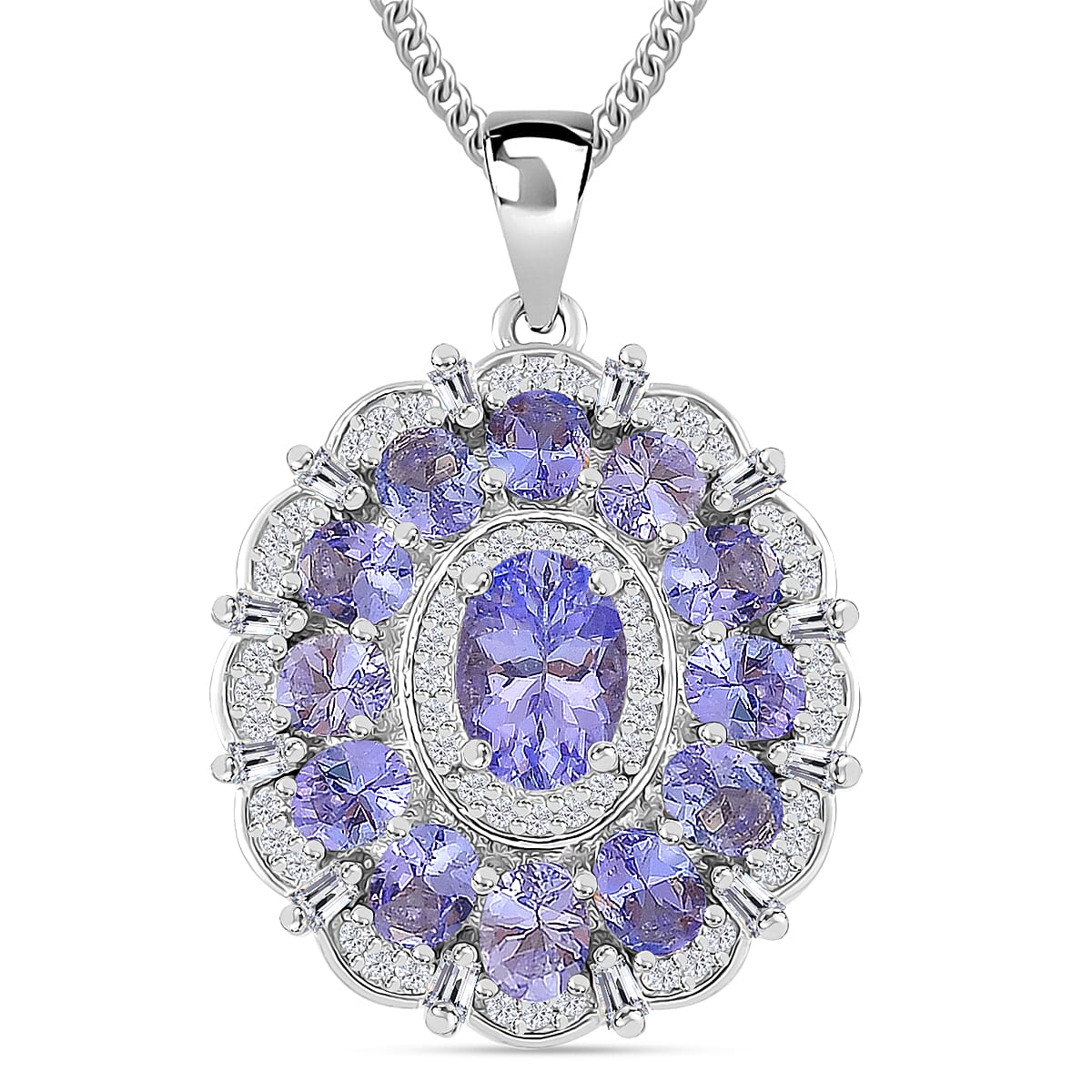 Tanzanite, Moissanite Pendant Necklace (20 Inches) in Rhodium Over Sterling Silver 3.40 ctw