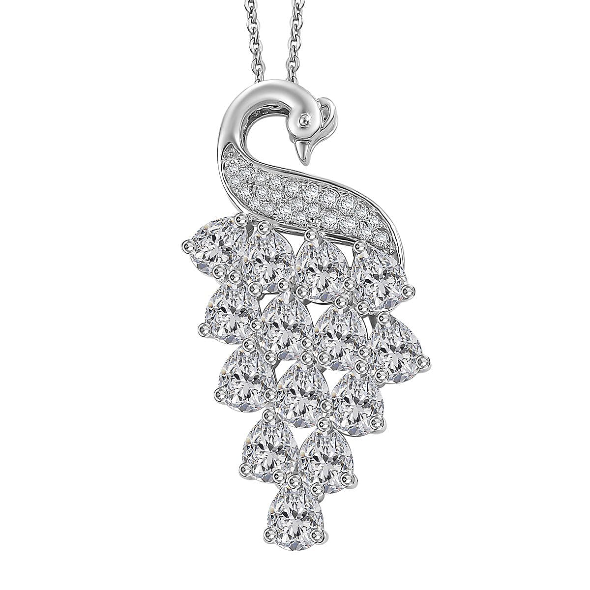 J Francis Embellished with Zirconia by Swarovski 7.70 ctw Peacock Pendant Necklace in Rhodium Over Sterling Silver 20 Inches