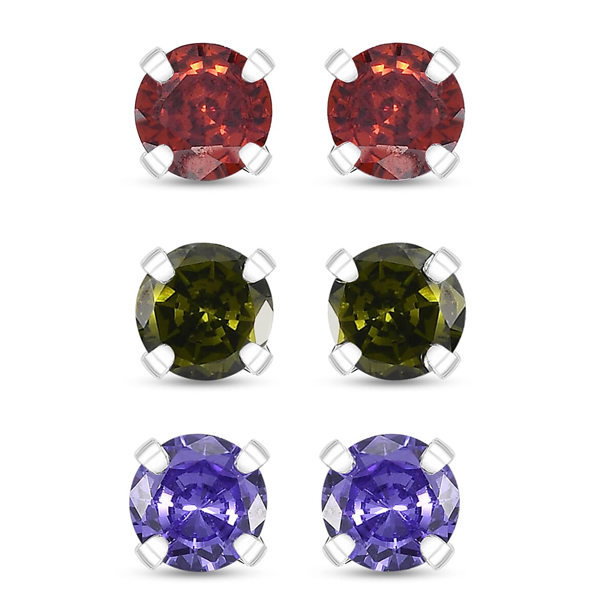 Set of 3 Simulated Purple, Red and Peridot Color Diamond 4.50 ctw Stud Earrings in Sterling Silver