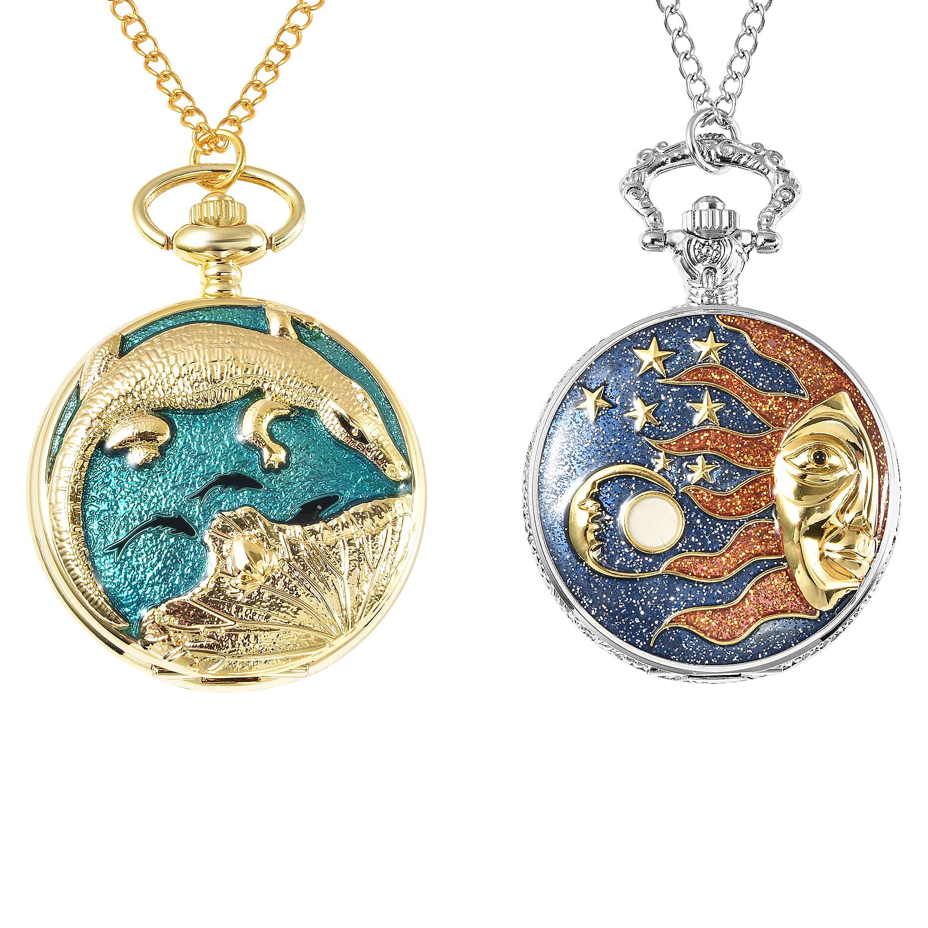 Set of 2 Strada Japanese Movement Crocodile, Lake Green, Black, Sun & Moon Enameled Pattern Pocket Watch With Chain (31 Inches) in Dualtone