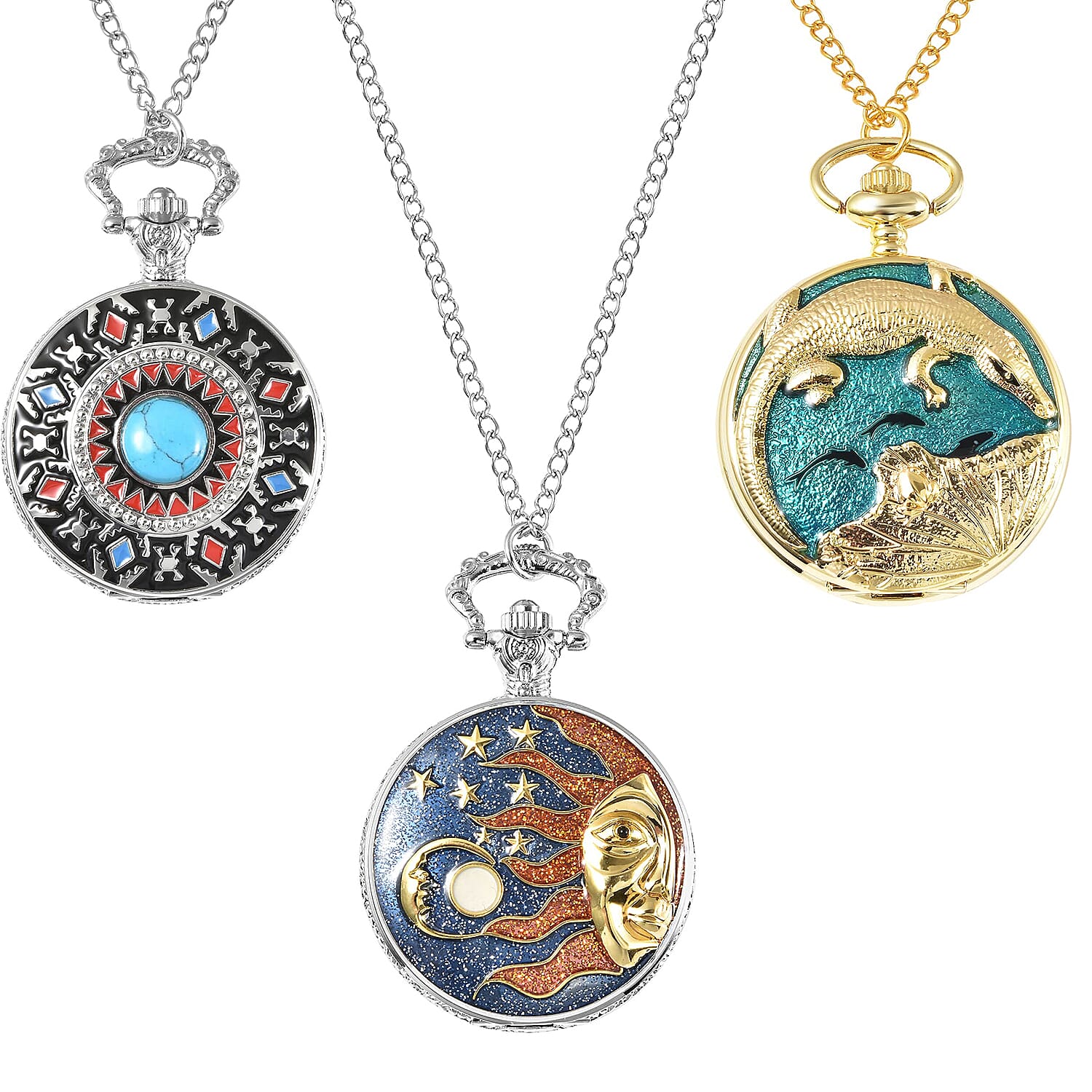 Set of 3 Strada Japanese Movement Blue Howlite, Crocodile, Lake Green, Black, Sun & Moon Enameled Pattern Pocket Watch With Chain (31 Inches) in Dualtone 2.50 ctw