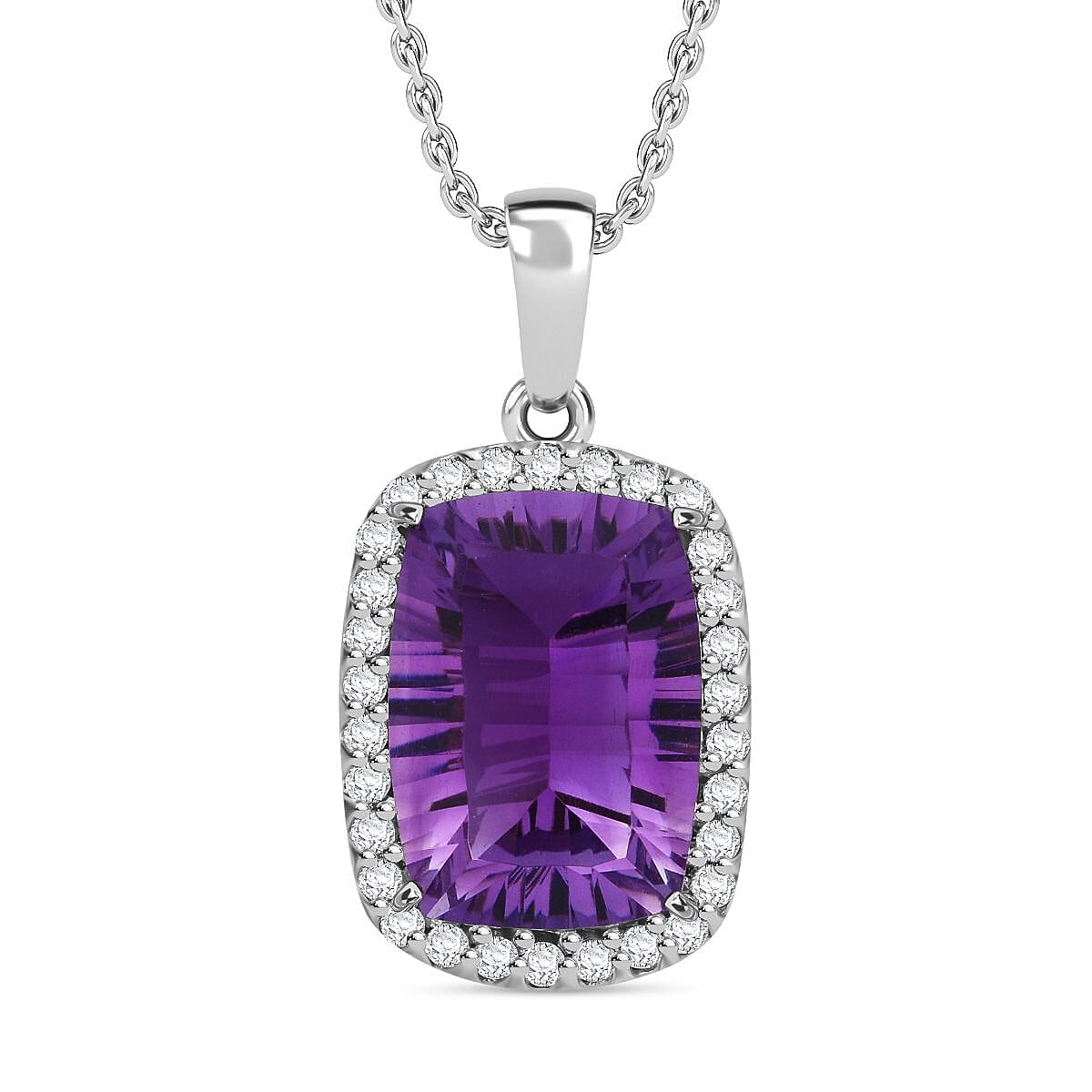 Concave Cut African Amethyst and White Zircon 7.10 ctw Halo Pendant Necklace in Rhodium Over Sterling Silver 18 Inches