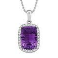 Concave Cut African Amethyst and White Zircon 7.10 ctw Halo Pendant Necklace in Rhodium Over Sterling Silver 18 Inches - Sticky add to cart bar