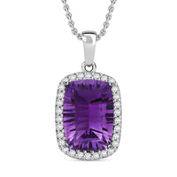 Concave Cut African Amethyst and White Zircon 7.10 ctw Halo Pendant Necklace in Rhodium Over Sterling Silver 18 Inches