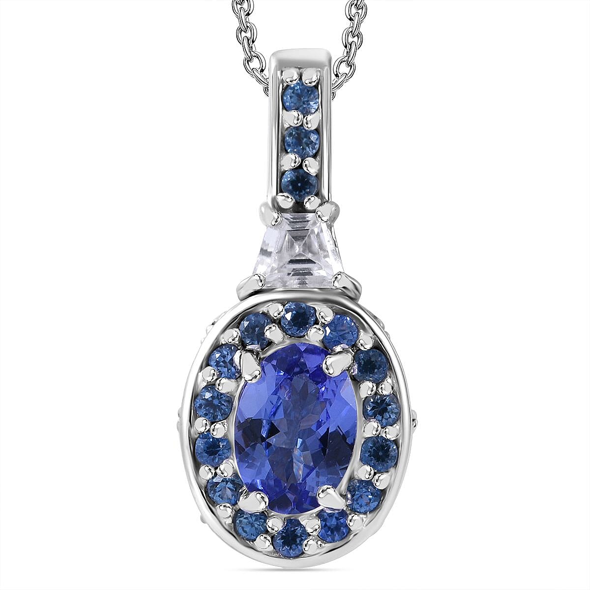 TLV Tanzanite, Multi Gemstone Halo Pendant Necklace (20 Inches) in Rhodium Over Sterling Silver 1.50 ctw