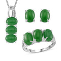 Doorbuster Green Jade Stud Earring, 3 Stone Ring (Size 5.0) and Pendant in Rhodium Over Sterling Silver with Stainless Steel Necklace (20 Inches) 12.50 ctw - Sticky add to cart bar