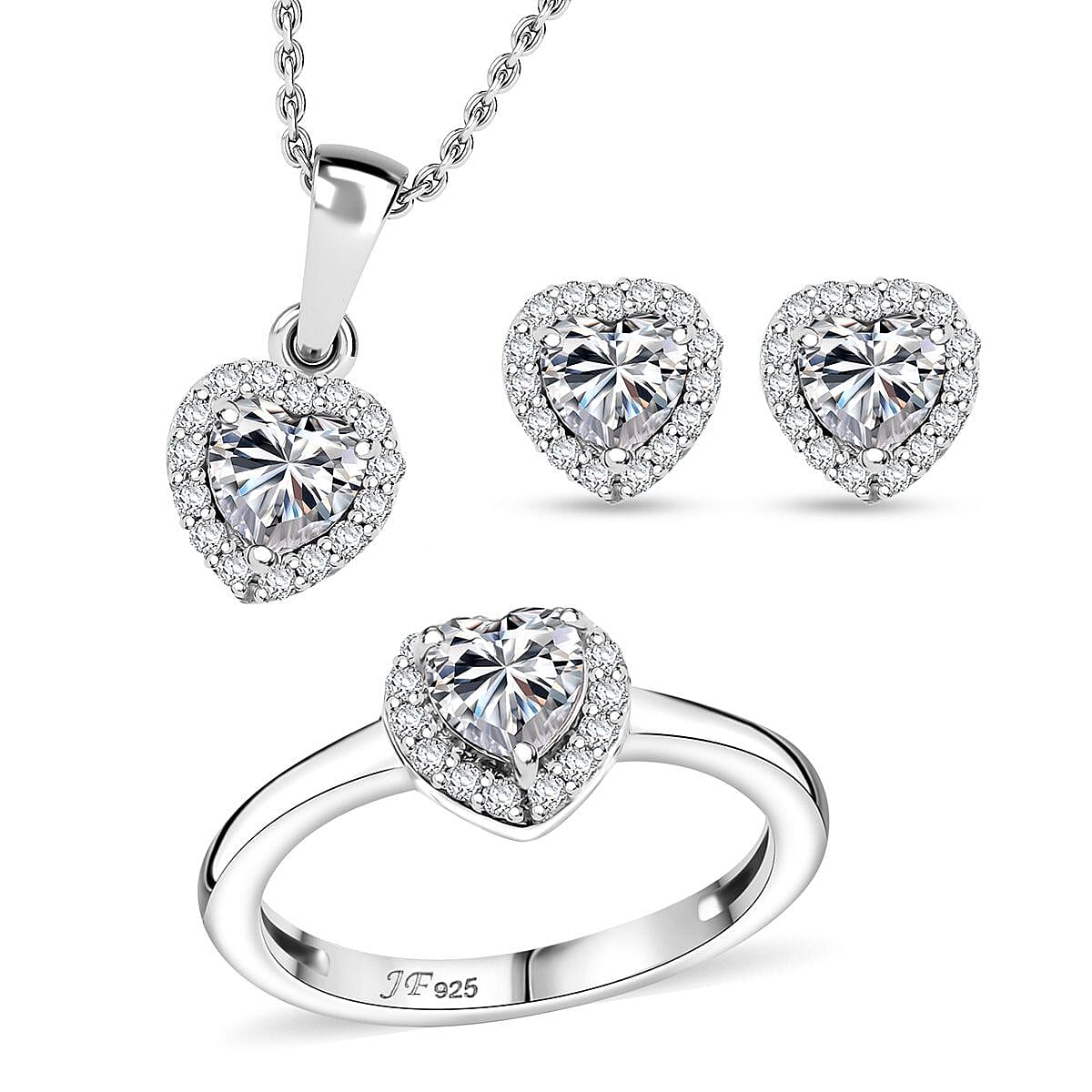 J Francis Embellished with Zirconia by Swarovski 4.00 ctw Earrings, Ring (Size 5.0) and Pendant in Rhodium Over Sterling Silver with Stainless Steel Necklace 20 Inches