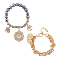 2pcs Set - Terahertz, Crystal Japanese Movement Beaded Stretch Bracelet Charm Watch and Silvertone Link Chain Bracelet with Coin Charm (8.0In) 50.00 ctw