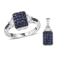 Doorbuster Kanchanaburi Blue Sapphire, White Topaz Cluster Pendant and Ring (Size 8.0) in Rhodium Over Sterling Silver 1.90 ctw - Sticky add to cart bar