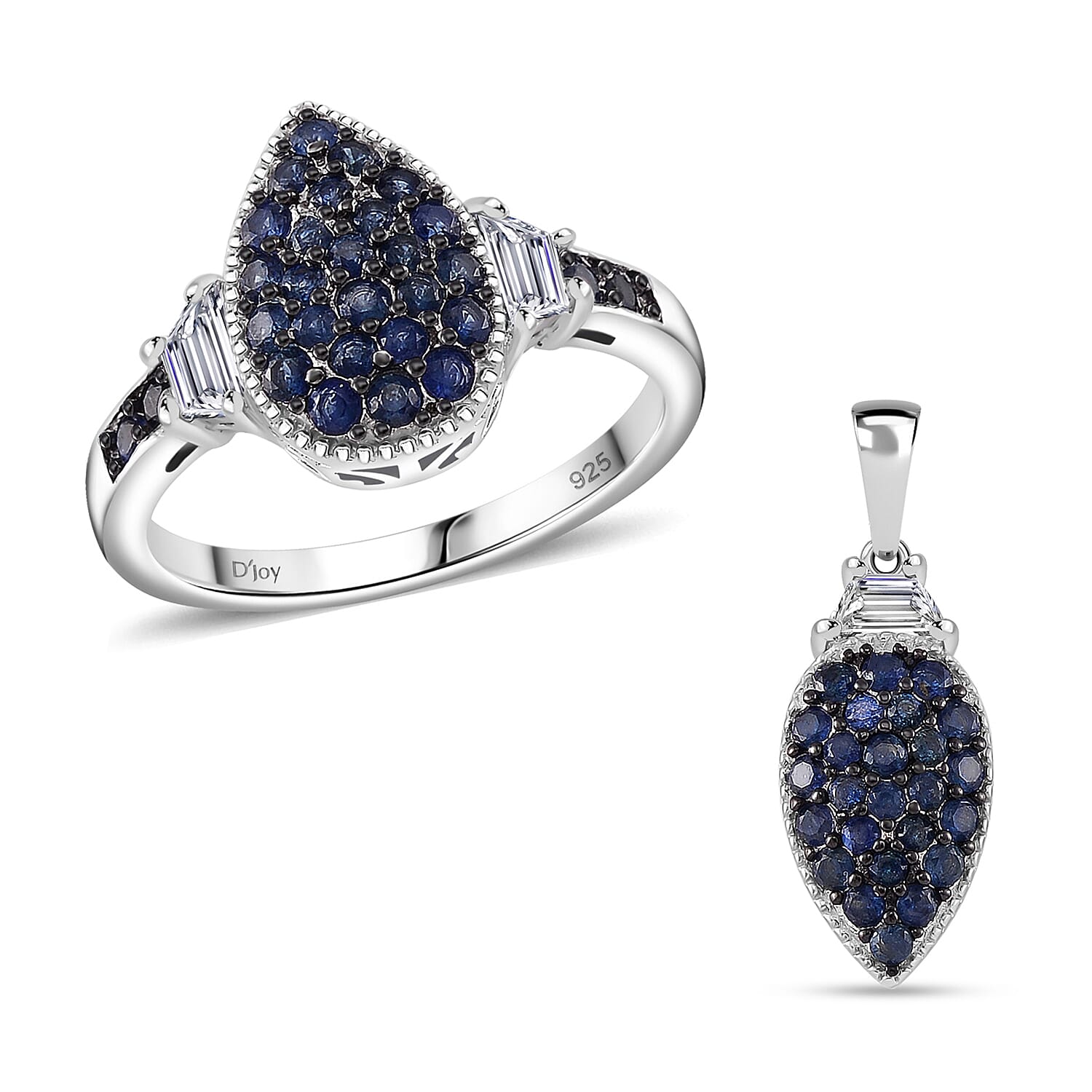 Doorbuster Kanchanaburi Blue Sapphire and White Topaz 1.85 ctw Cocktail Pendant and Ring (Size 6.0) in Rhodium Over Sterling Silver (Del. in 5-7 Days)