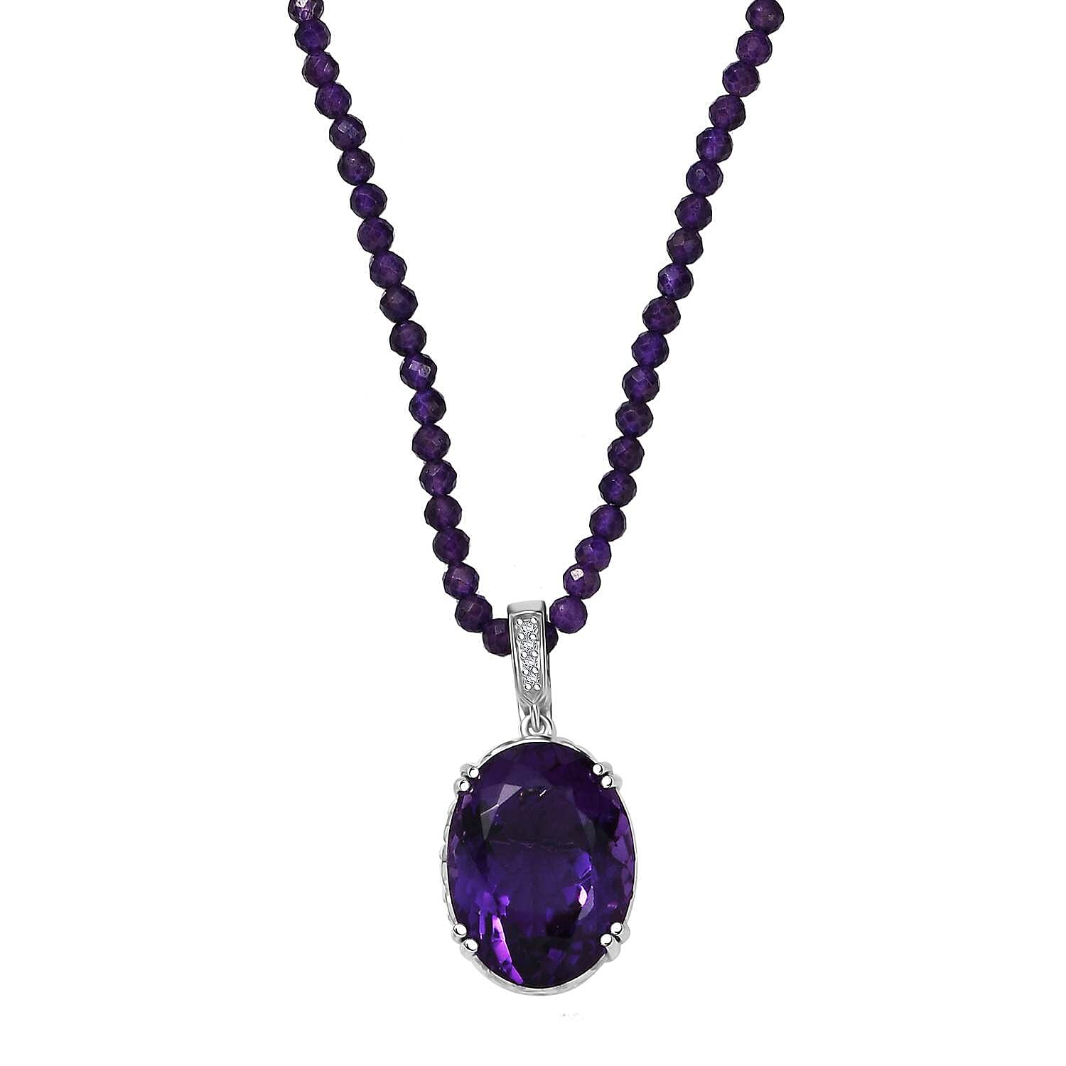 Doorbuster African Amethyst, White Zircon Pendant with Beaded Necklace (20 Inches) in Rhodium Over Sterling Silver 74.85 ctw