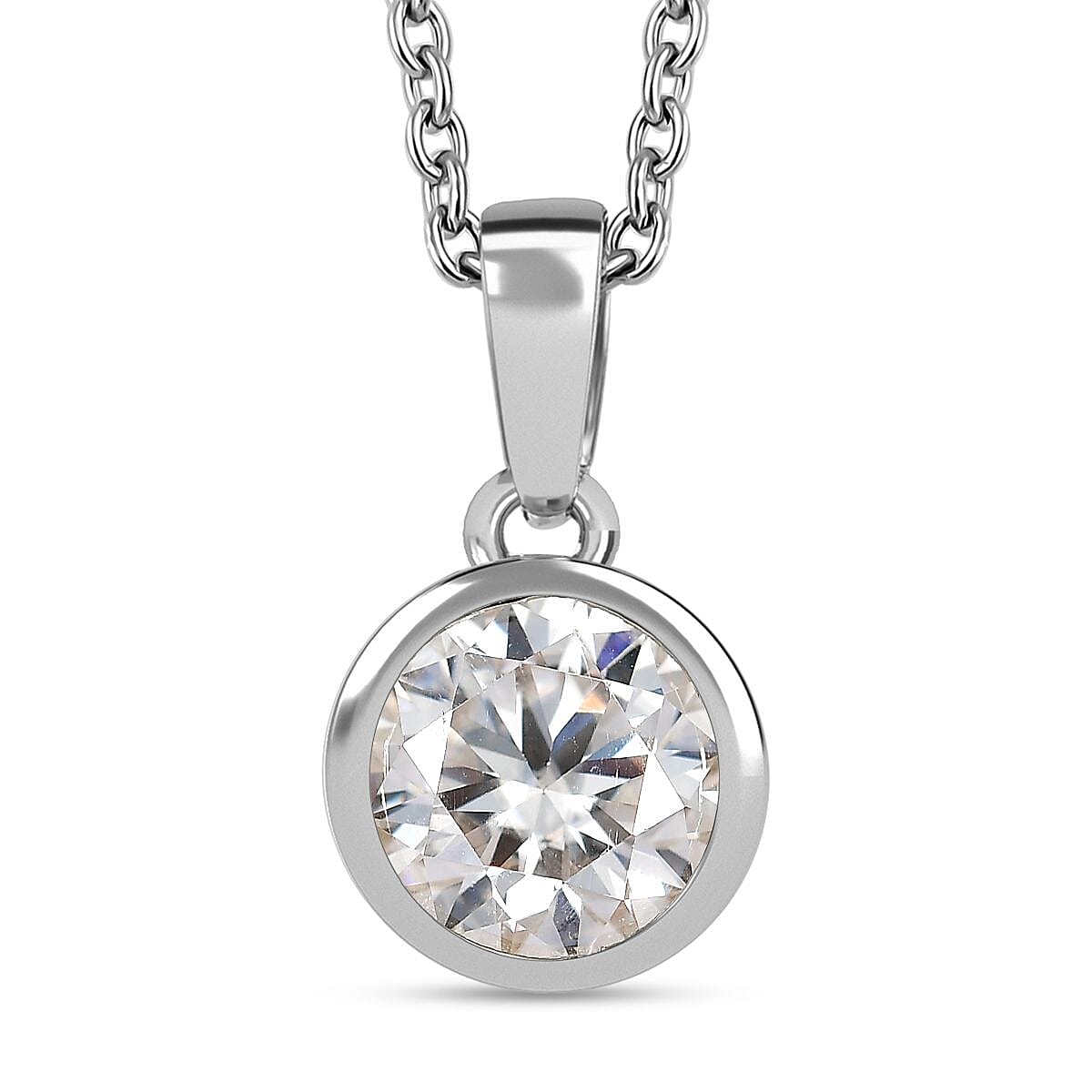 Moissanite (Rnd 8mm) Pendant in Platinum Over Sterling Silver with Stainless Steel Necklace (20 Inches) 1.75 ctw