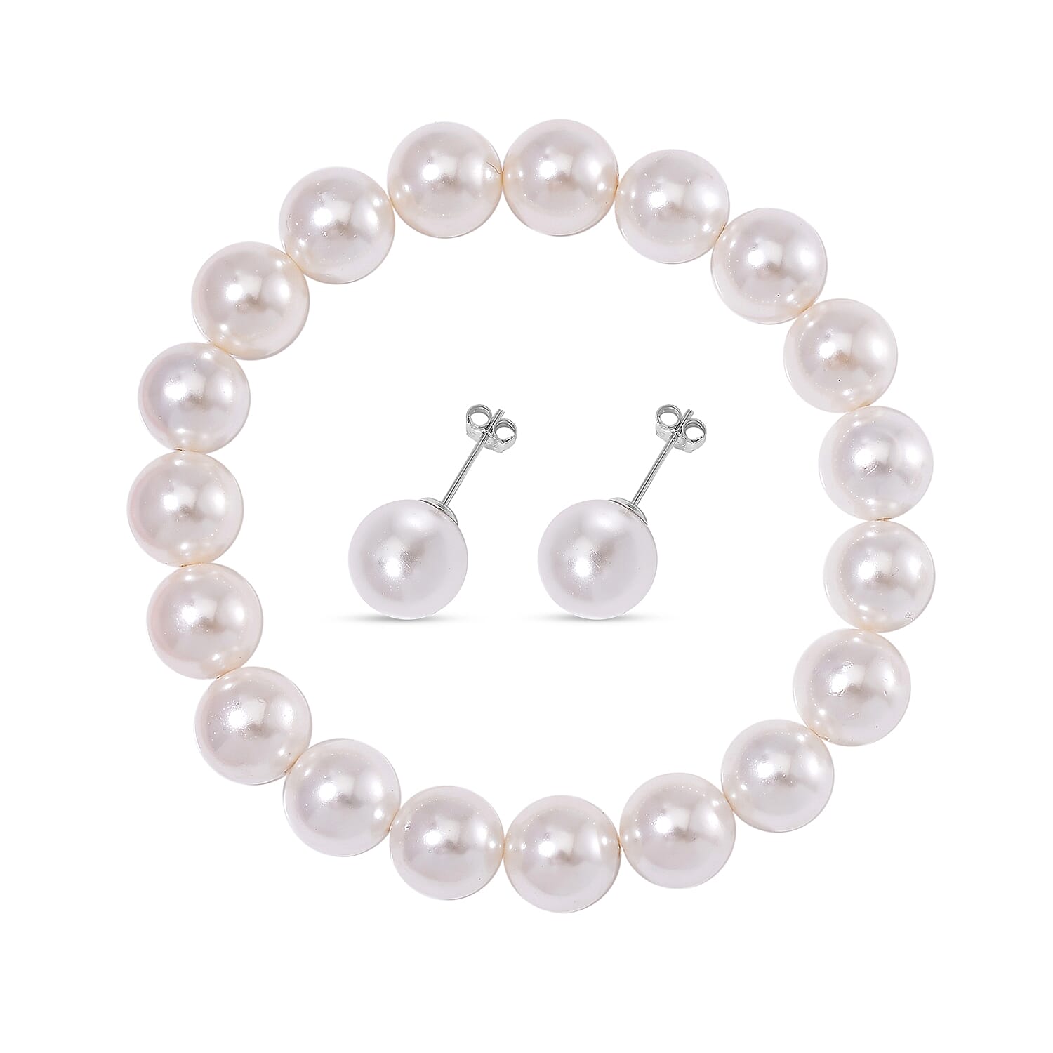 White Shell Pearl Stretch Bracelet and Earrings in Rhodium Over Sterling Silver (Del. in 8-10 Days)
