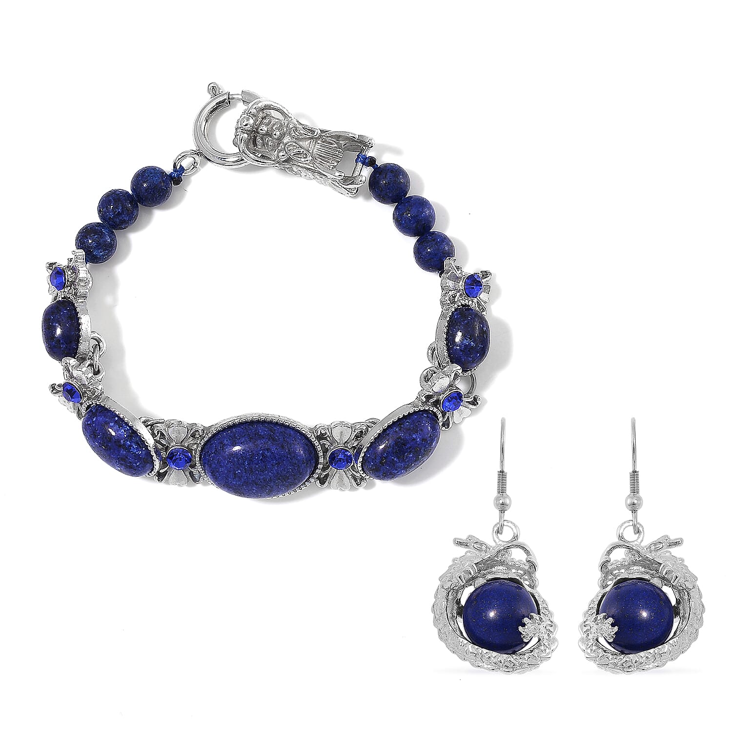 TLV Lapis Lazuli, Blue Austrian Crystal Bracelet (6.75In) and Dragon Earrings in Silvertone and Stainless Steel 70.00 ctw