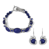 TLV Lapis Lazuli, Blue Austrian Crystal Bracelet (6.75In) and Dragon Earrings in Silvertone and Stainless Steel 70.00 ctw