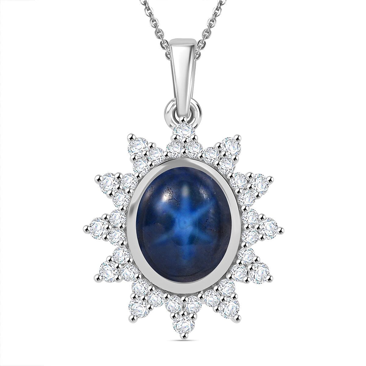 Blue Star Sapphire (DF) and Moissanite 6.75 ctw Starburst Pendant Necklace in Rhodium Over Sterling Silver 20 Inches