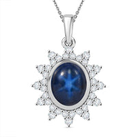 Blue Star Sapphire (DF) and Moissanite 6.75 ctw Starburst Pendant Necklace in Rhodium Over Sterling Silver 20 Inches