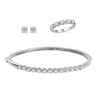 Moissanite 2.75 ctw Bangle Bracelet (7.25In), Band Ring (Size 7.0) and Solitaire Stud Earrings in Rhodium Over Sterling Silver