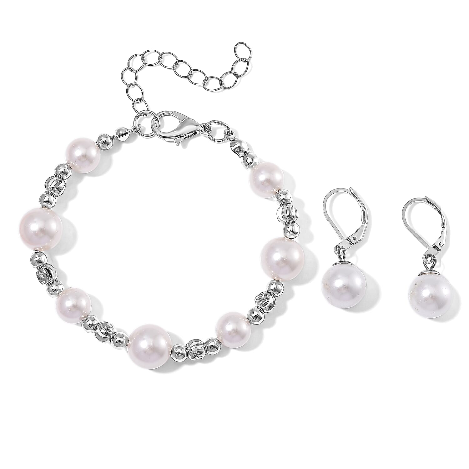White Shell Pearl Bracelet (6.50-8.50In) and Lever Back Earrings in Silvertone and Stainless Steel