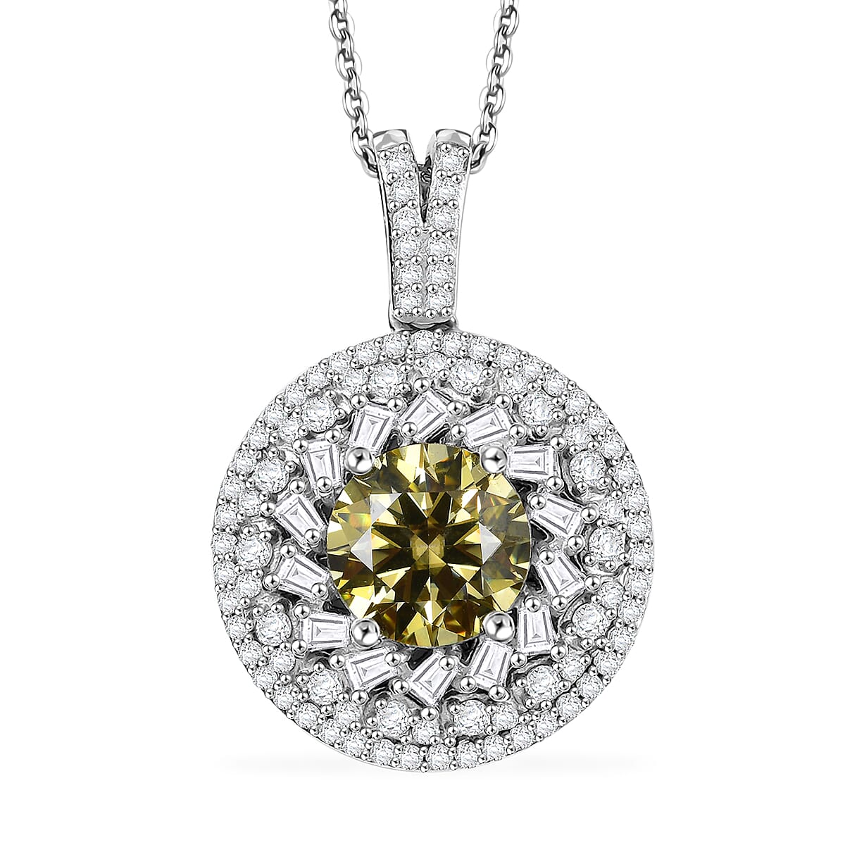 TLV Yellow Moissanite (Rnd 8mm), Moissanite Cocktail Pendant Necklace (20 Inches) in Rhodium Over Sterling Silver 3.25 ctw