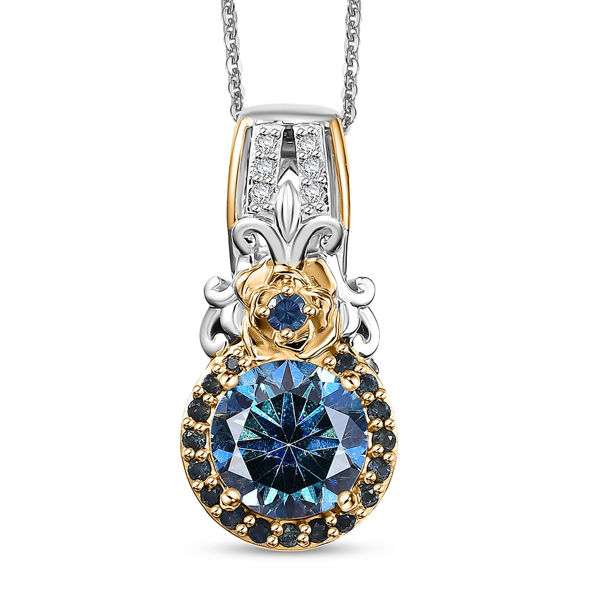 Blue Moissanite and Multi Gemstone 2.15 ctw Pendant Necklace 20 Inches in 18K Vermeil YG and Rhodium Over Sterling Silver