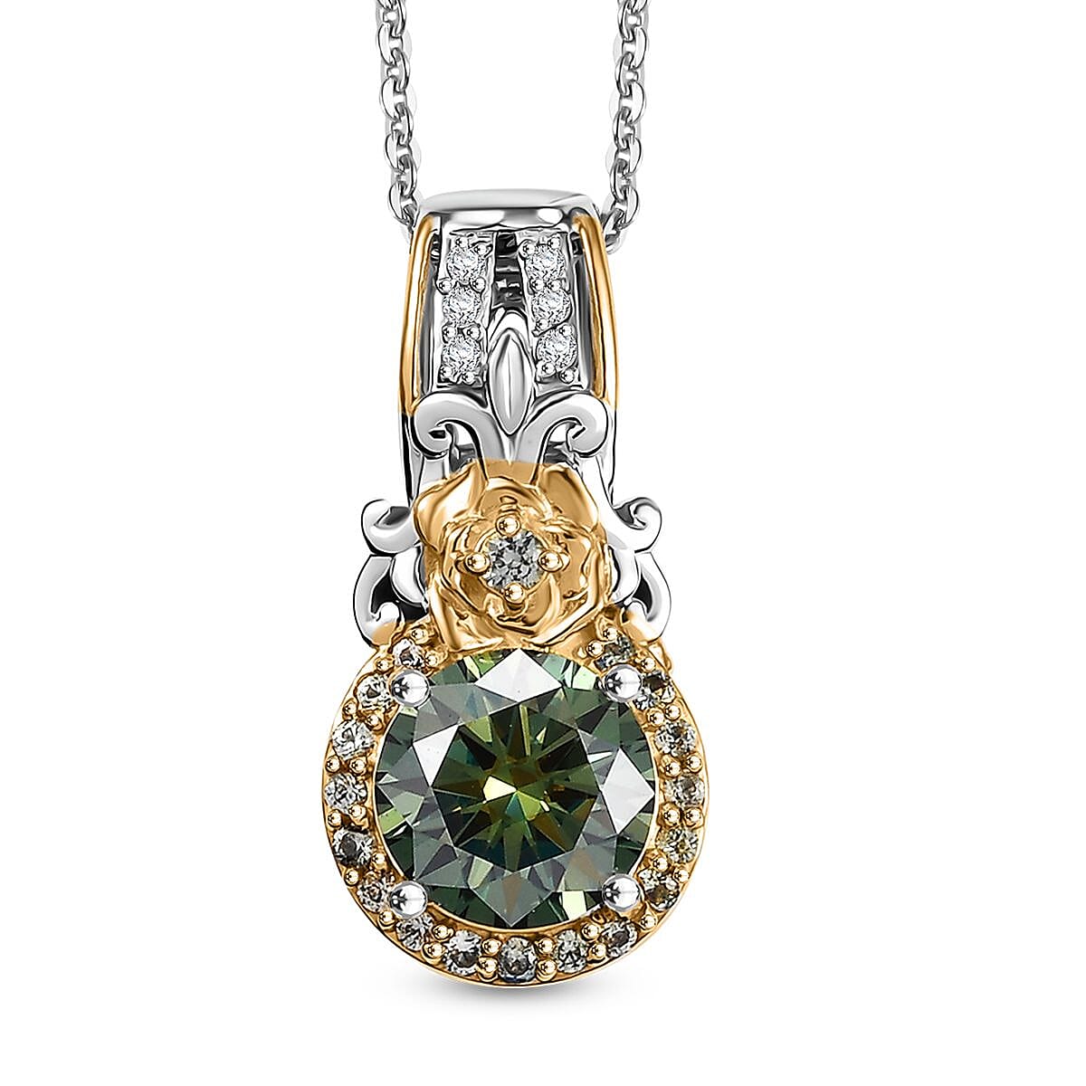 Green and White Moissanite and Green Sapphire 2.15 ctw Pendant Necklace 20 Inches in 18K Vermeil YG and Rhodium Over Sterling Silver