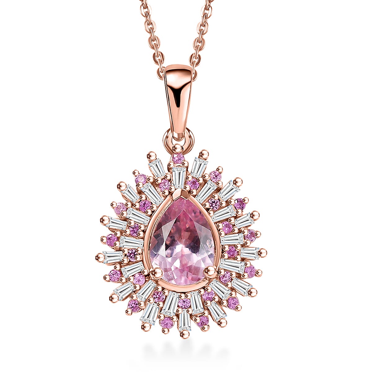 Narsipatnam Pink Spinel, Pink Sapphire, Diamond 1.25 ctw Pendant Necklace 20 Inches in 18K Vermeil Rose Gold Over Sterling Silver