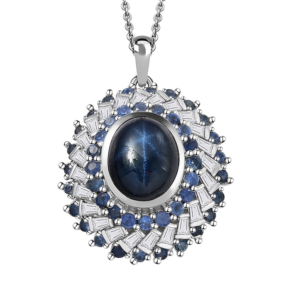 Blue Star Sapphire (DF) and Multi Gemstone 6.30 ctw Celestial Dahlia Pendant Necklace in Rhodium Over Sterling Silver 20 Inches