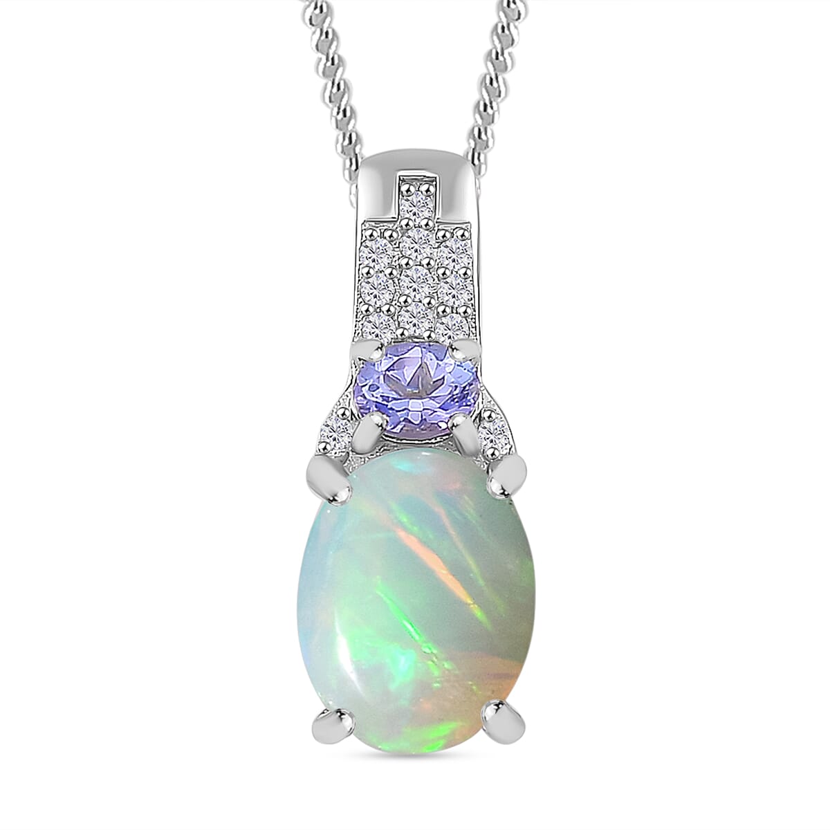 Doorbuster Ethiopian Welo Opal, Multi Gemstone Pendant Necklace (20 Inches) in Platinum and Rhodium Over Sterling Silver 1.50 ctw