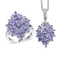 Karis Tanzanite 5.75 ctw Floral Spray Ring (Size 5.0) and Pendant in Platinum Bond with Stainless Steel Necklace 20 Inches - Sticky add to cart bar