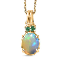 Ethiopian Welo Opal and Kagem Zambian Emerald Pendant Necklace in 18K Vermeil Yellow Gold Over Sterling Silver 20 Inches
