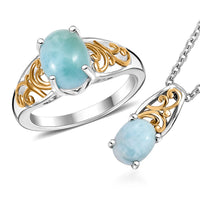 Karis Larimar Ring (Size 5.0) and Pendant in 18K YG Plated and Platinum Bond with Stainless Steel Necklace (20 Inches) 4.65 ctw
