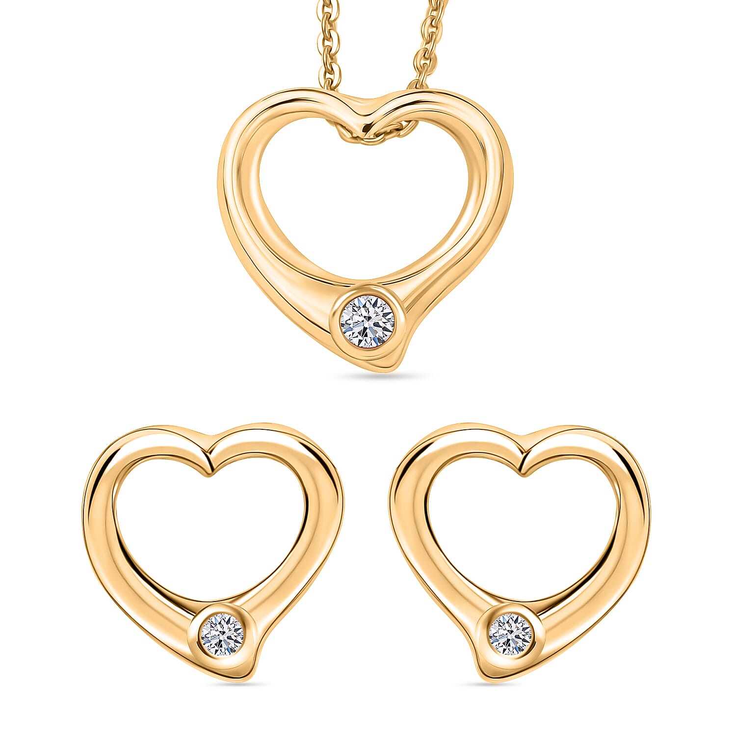 Luxuriant Lab Grown Diamond Heart Earrings, Pendant Necklace (20 Inches) in 18K Vermeil YG Over Sterling Silver 0.10 ctw