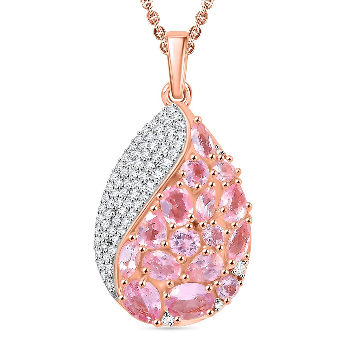 Narsipatnam Pink Spinel and Moissanite 2.90 ctw Radiant Dewdrop Pendant Necklace 20 Inches in 18K Vermeil Rose Gold Over Sterling Silver
