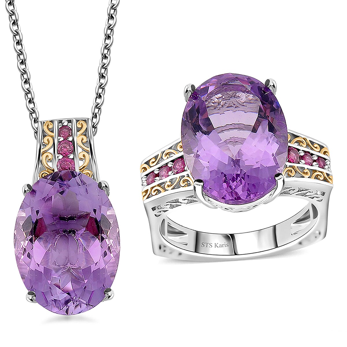 Karis Rose De France Amethyst, Orissa Rhodolite Garnet Ring (Size 6.0) and Pendant in Dualtone with Stainless Steel Necklace (20 Inches) 24.00 ctw