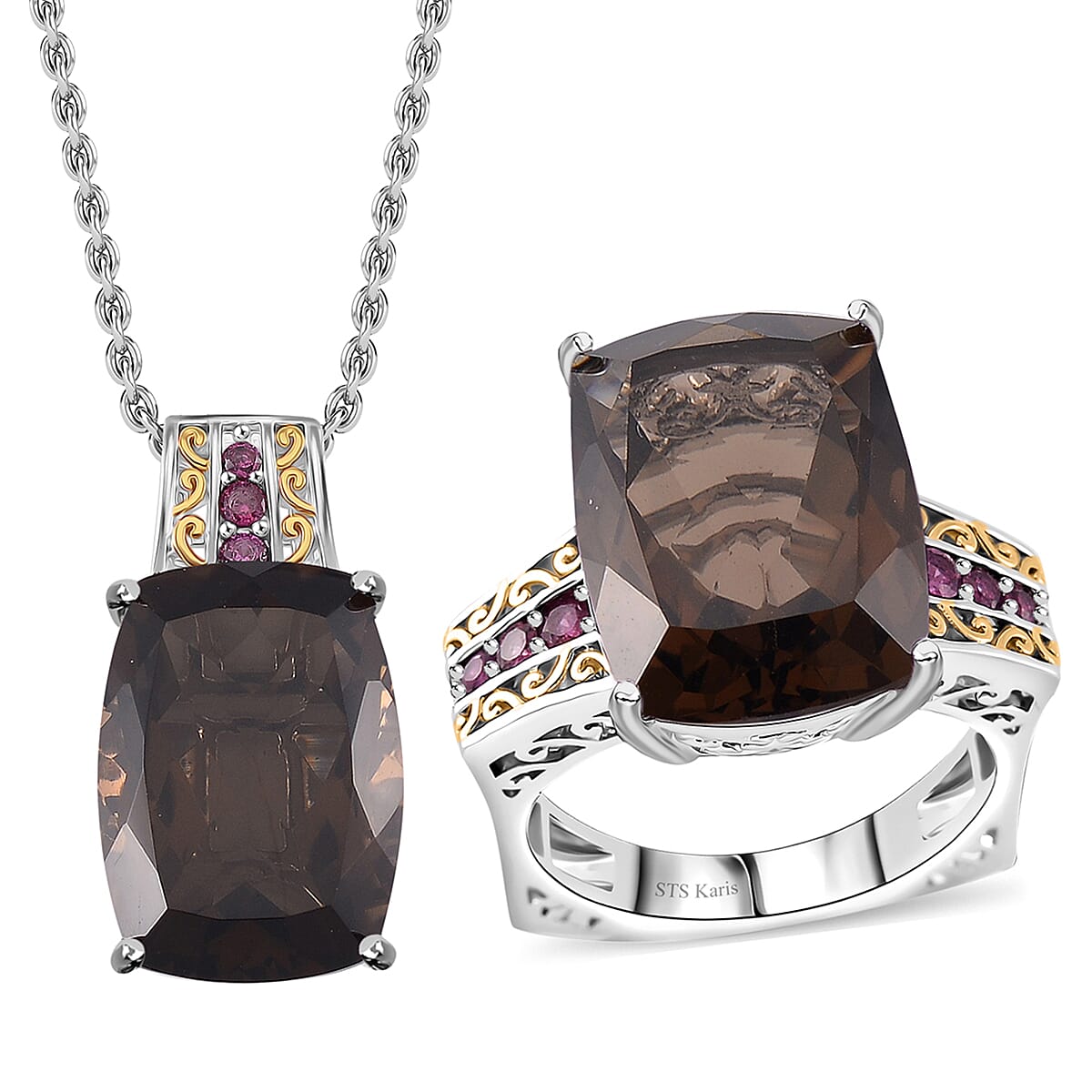 TLV Karis Brazilian Smoky Quartz, Orissa Rhodolite Garnet Ring (Size 6.0) and Pendant in Dualtone with Steanles Steel Necklace (20 Inches) 27.35 ctw