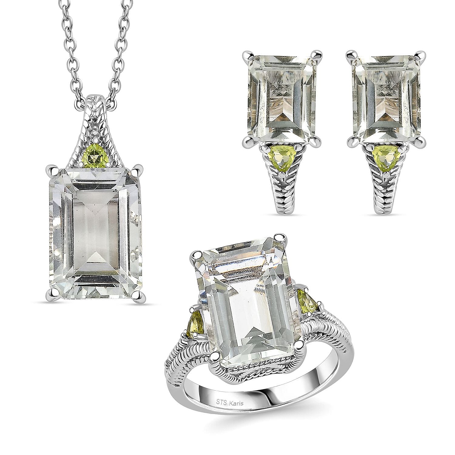 TLV Karis Montezuma Prasiolite, Peridot Earrings, Ring (Size 7.0), Pendant in Platinum Bond with Stainless Steel Necklace (20 Inches) 20.00 ctw