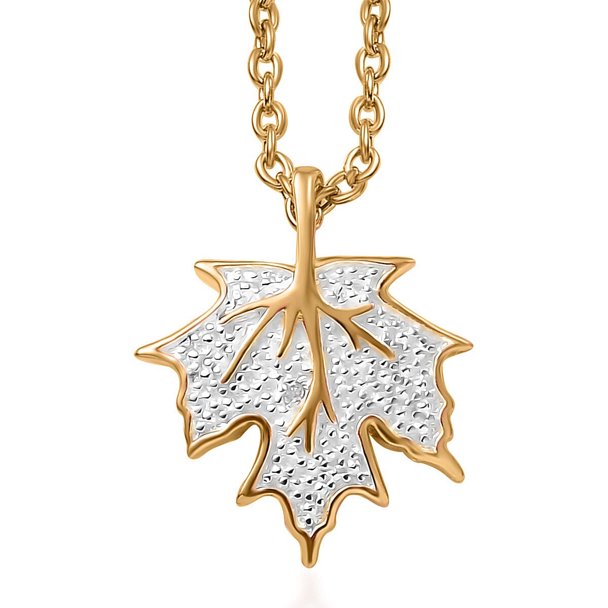 Karis White Diamond Accent Leaf Pendant in 18K YG Plated with ION Plated YG Stainless Steel Necklace (20 Inches)