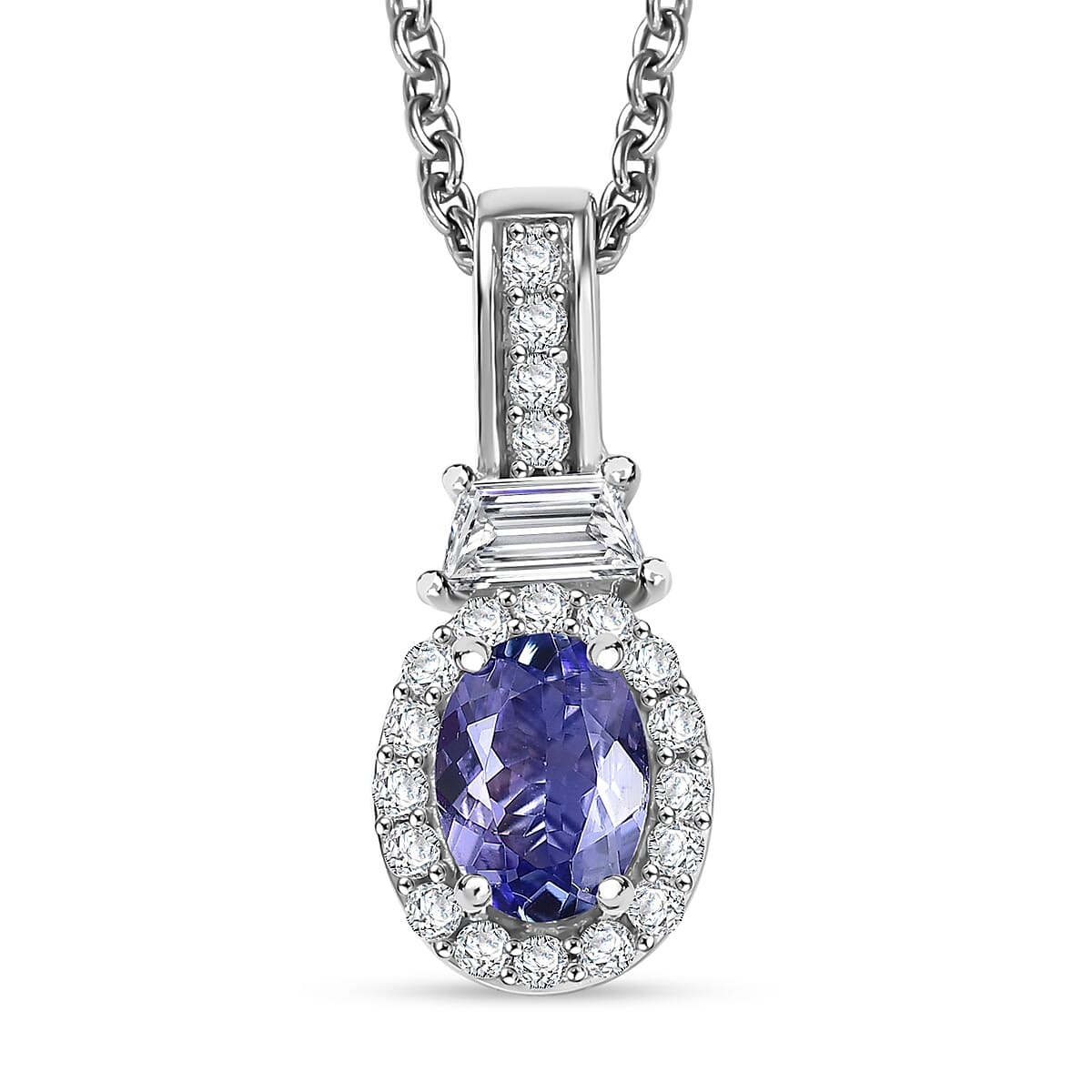 TLV Tanzanite, White Zircon Pendant Necklace (20 Inches) in Rhodium Over Sterling Silver 1.10 ctw