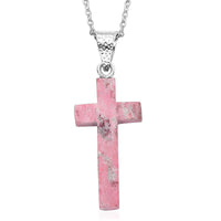 Norwegian Thulite Cross 12.25 ctw Pendant in Rhodium Over Sterling Silver with Stainless Steel Necklace 20 Inches
