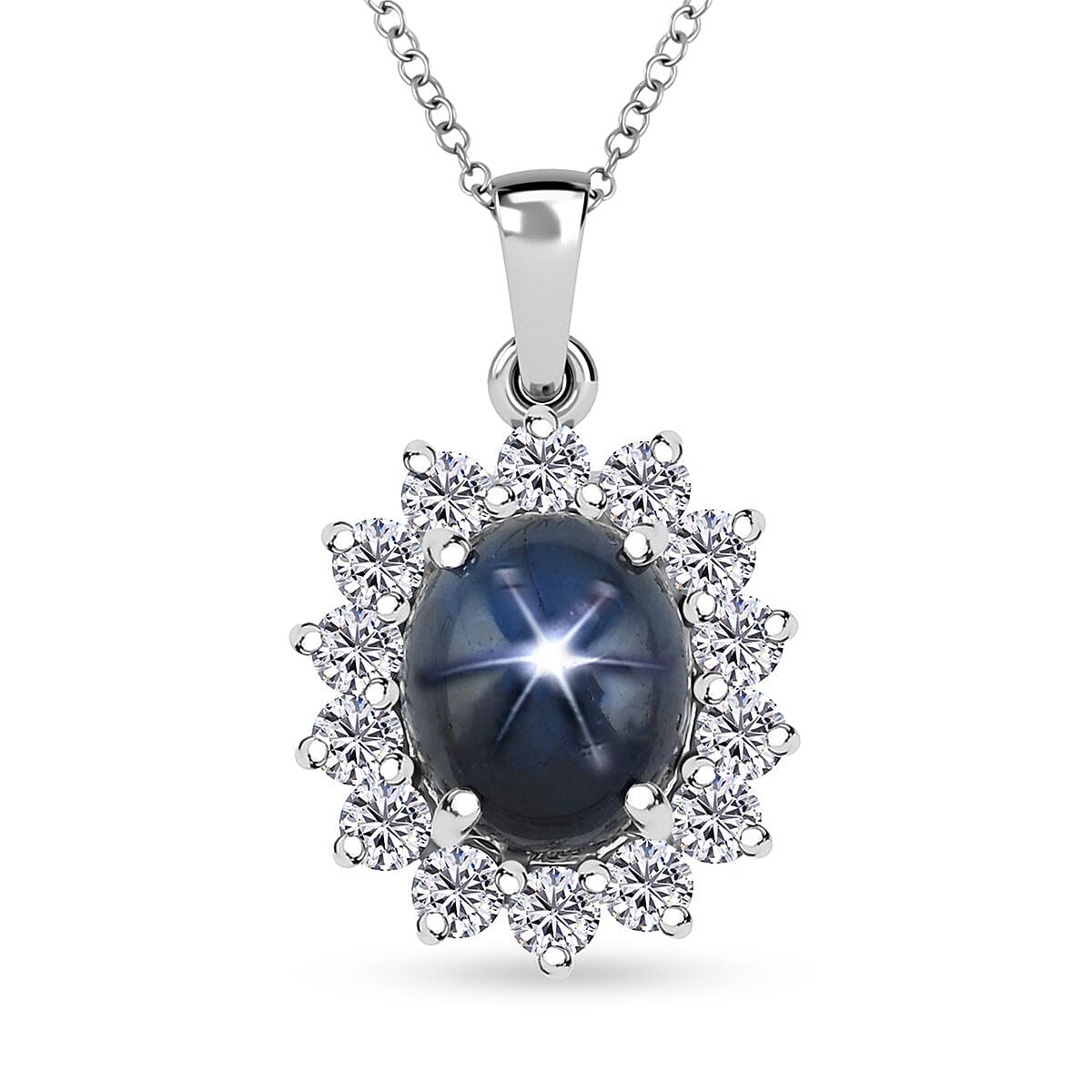 Blue Star Sapphire (DF) and Moissanite 9.50 ctw Starburst Pendant Necklace in Platinum Over Sterling Silver 20 Inches