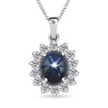 Blue Star Sapphire (DF) and Moissanite 9.50 ctw Starburst Pendant Necklace in Platinum Over Sterling Silver 20 Inches - Sticky add to cart bar