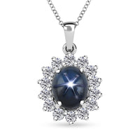 Blue Star Sapphire (DF) and Moissanite 9.50 ctw Starburst Pendant Necklace in Platinum Over Sterling Silver 20 Inches